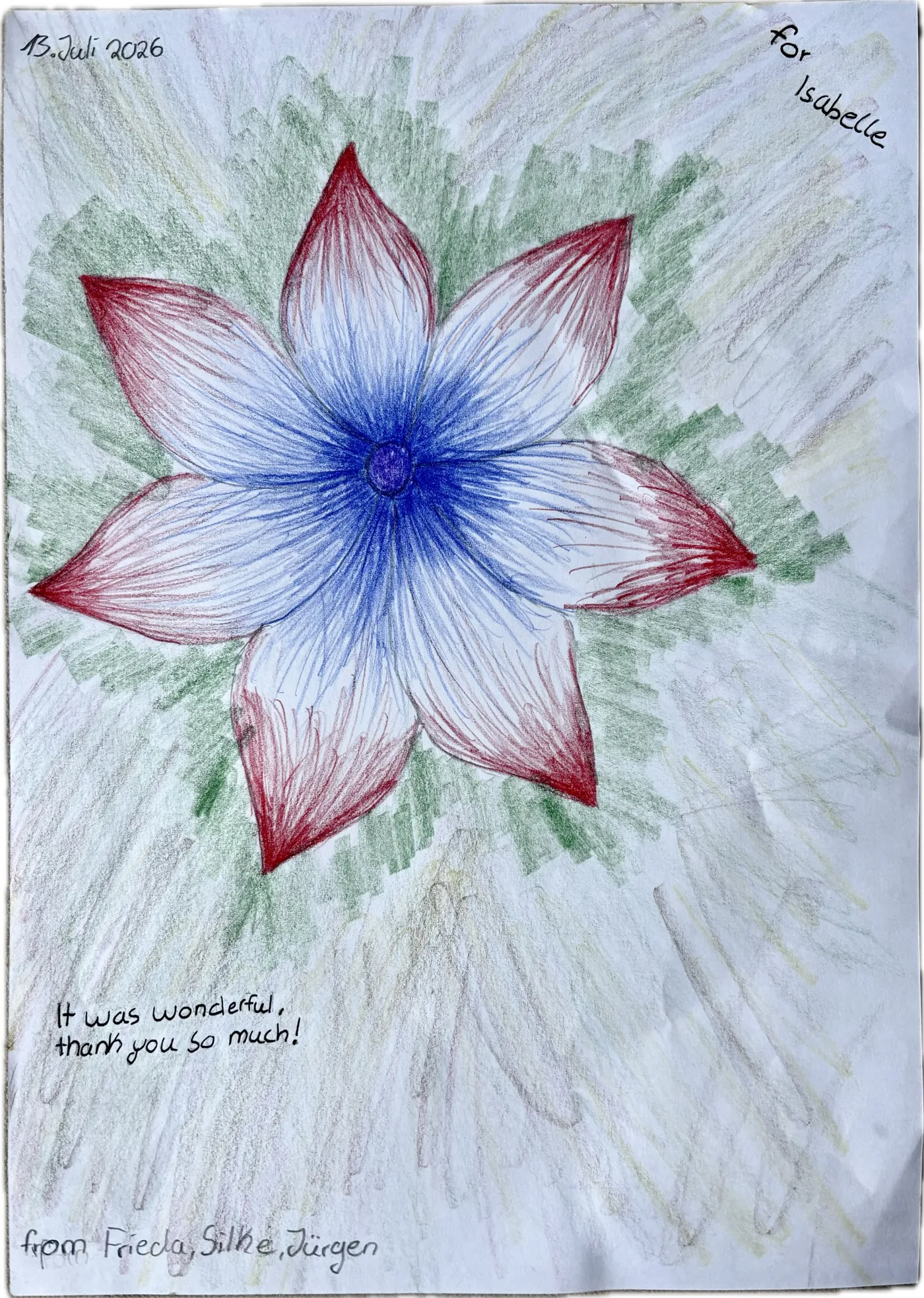 Dessin d'une fleur offert à Isabelle par Frieda, Silke et Jürgen, juillet 2026