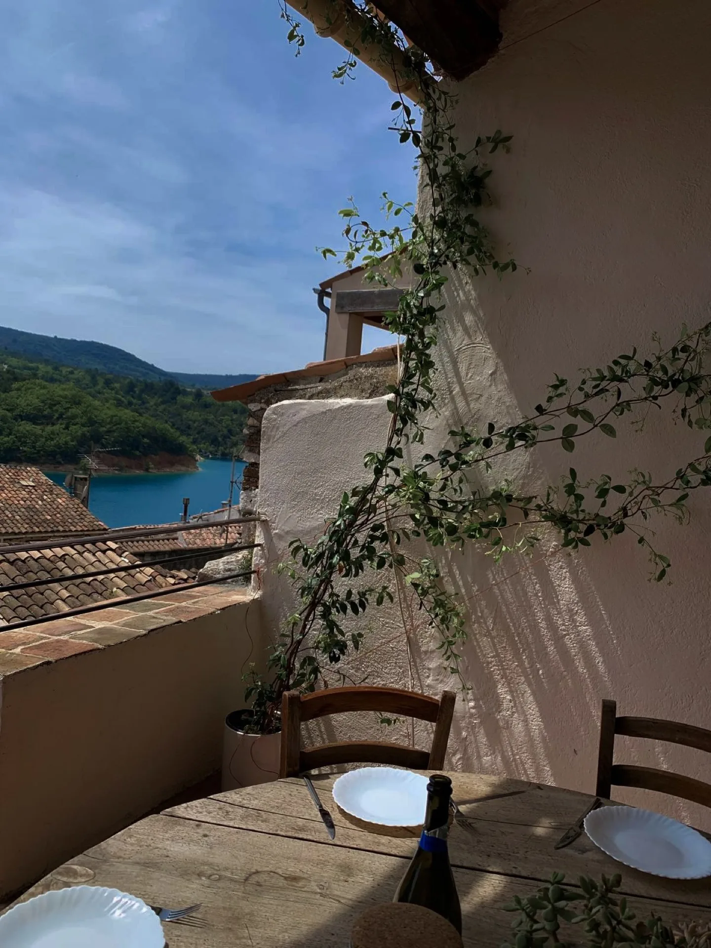 Terrasse ensoleillée, plante grimpante, vue sur le lac